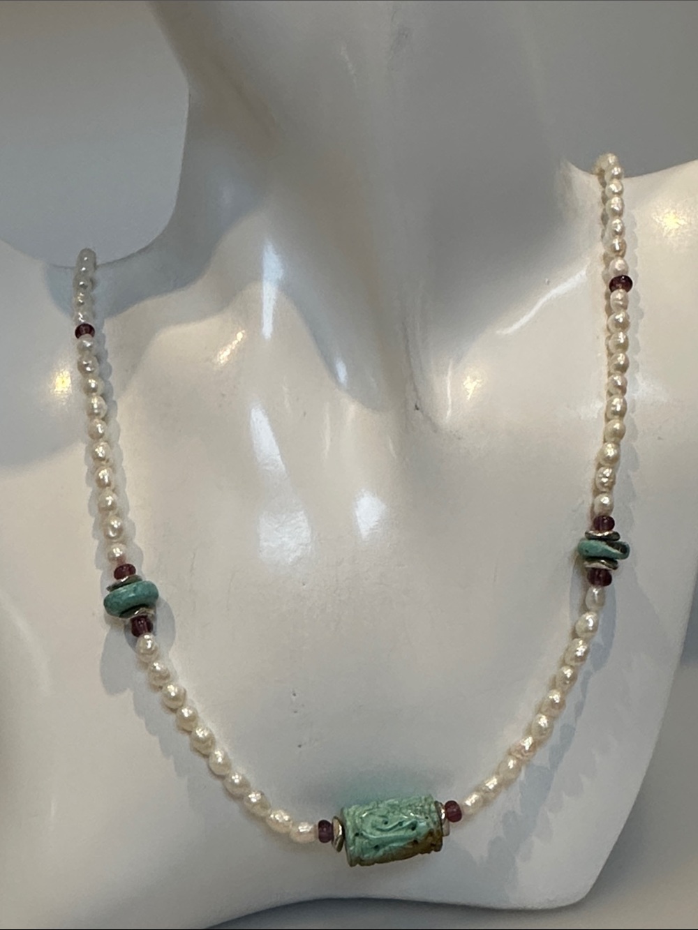 10k real solid while Gold Turquoise amethyst real Pearls Necklace